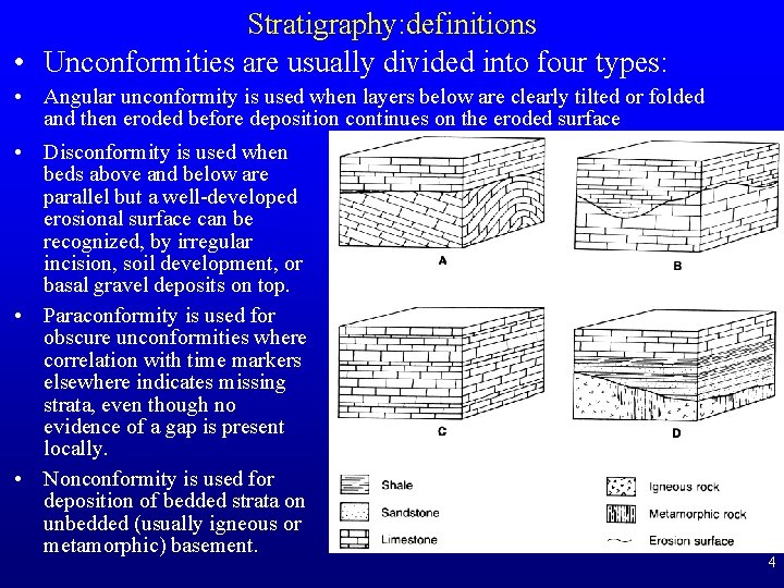 Stratigraphy: definitions • Unconformities are usually divided into four types: • Angular unconformity is