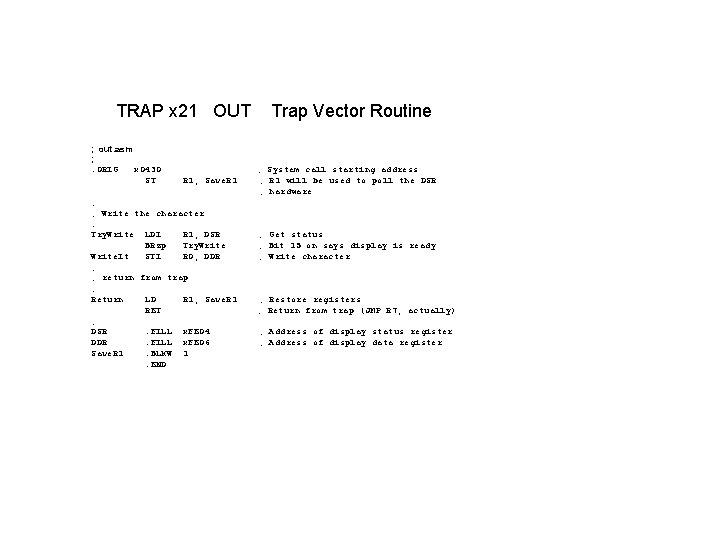 TRAP x 21 OUT ; out. asm ; . ORIG x 0430 ST R