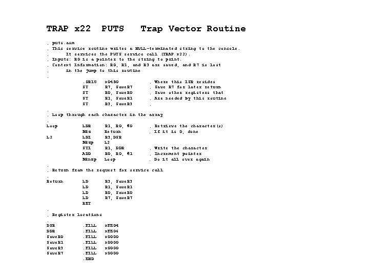 TRAP x 22 ; ; ; ; PUTS Trap Vector Routine puts. asm This