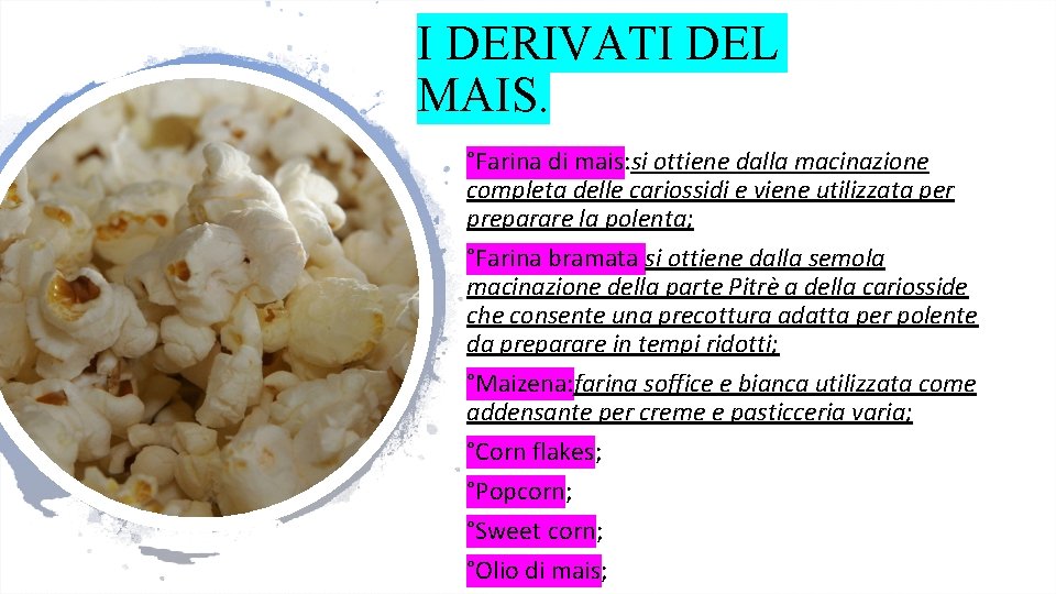 I DERIVATI DEL MAIS. °Farina di mais: si ottiene dalla macinazione completa delle cariossidi