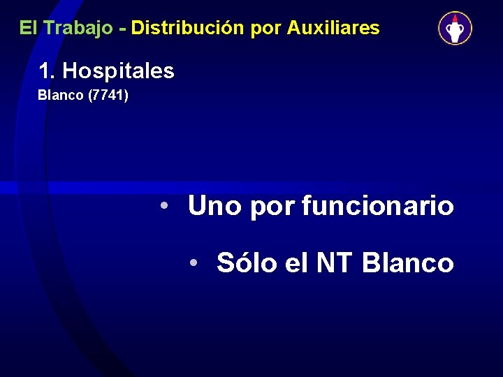 El Trabajo - Distribución por Auxiliares 1. Hospitales Blanco (7741) • Uno por funcionario