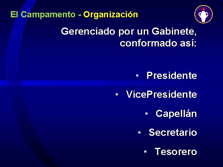 El Campamento - Organización Gerenciado por un Gabinete, conformado así: • Presidente • Vice.