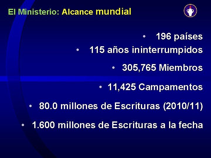 El Ministerio: Alcance mundial • 196 países • 115 años ininterrumpidos • 305, 765