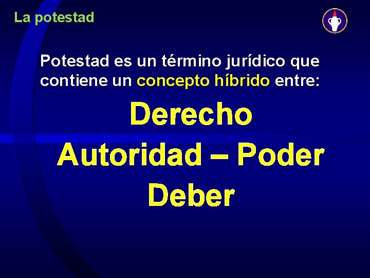 La potestad Potestad es un término jurídico que contiene un concepto híbrido entre: Derecho