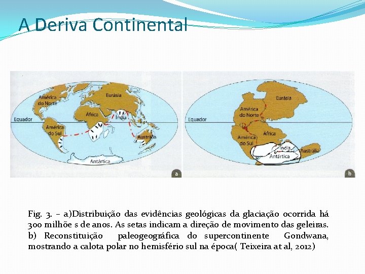 A Deriva Continental Fig. 3. – a)Distribuição das evidências geológicas da glaciação ocorrida há