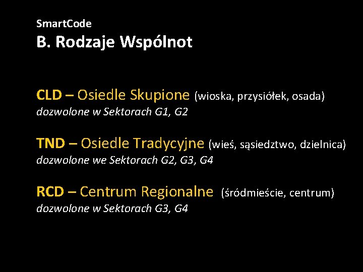 Smart. Code B. Rodzaje Wspólnot CLD – Osiedle Skupione (wioska, przysiółek, osada) dozwolone w