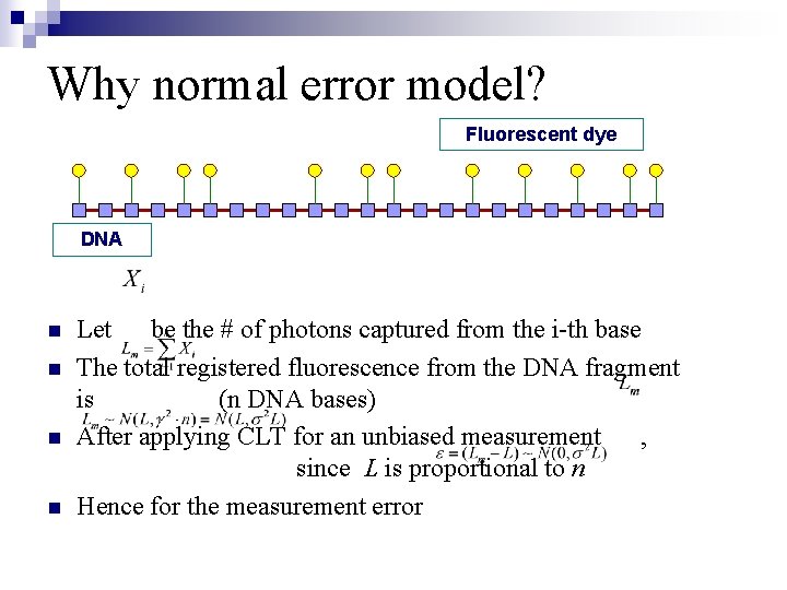 Why normal error model? Fluorescent dye DNA n n Let be the # of