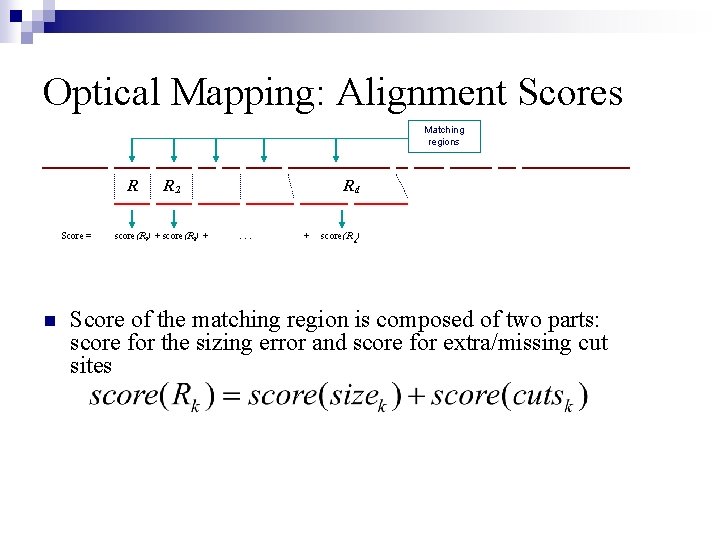 Optical Mapping: Alignment Scores Matching regions R Score = n R 2 score(R 1)