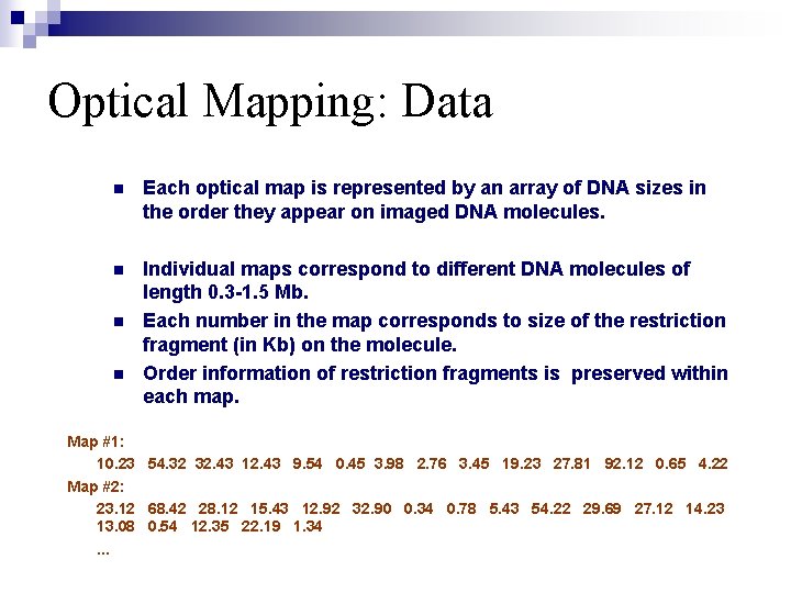 Optical Mapping: Data n Each optical map is represented by an array of DNA