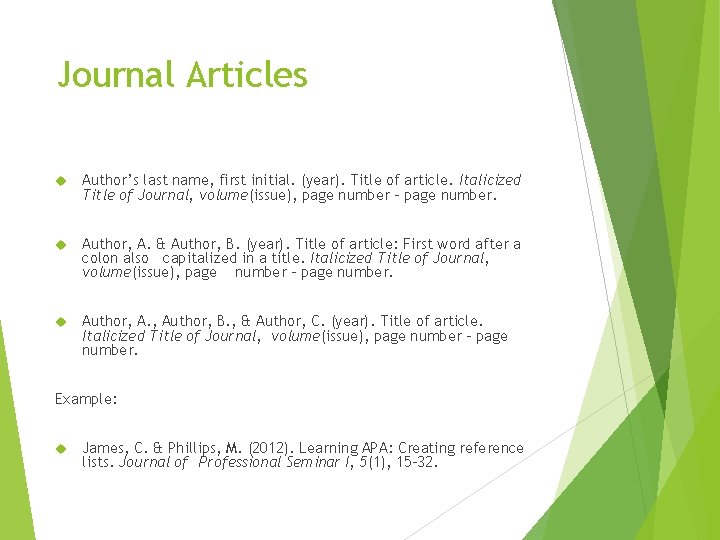 Journal Articles Author’s last name, first initial. (year). Title of article. Italicized Title of