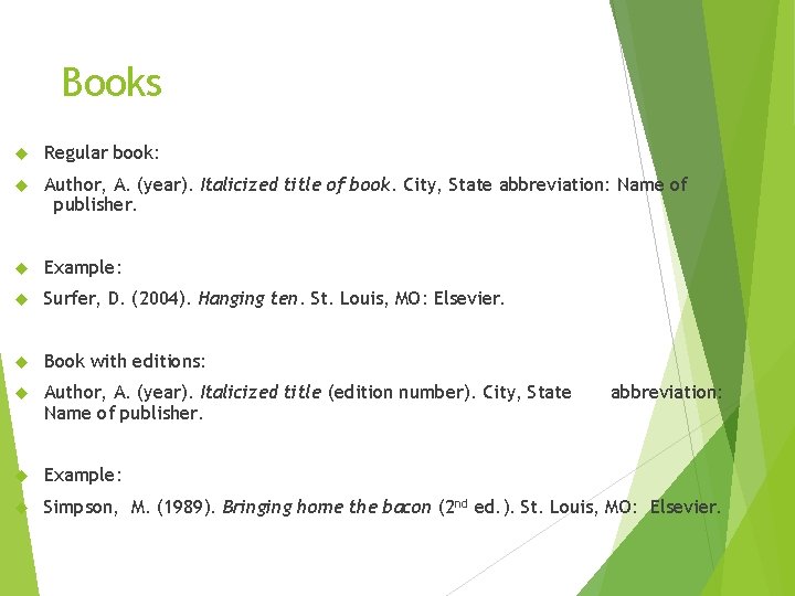 Books Regular book: Author, A. (year). Italicized title of book. City, State abbreviation: Name
