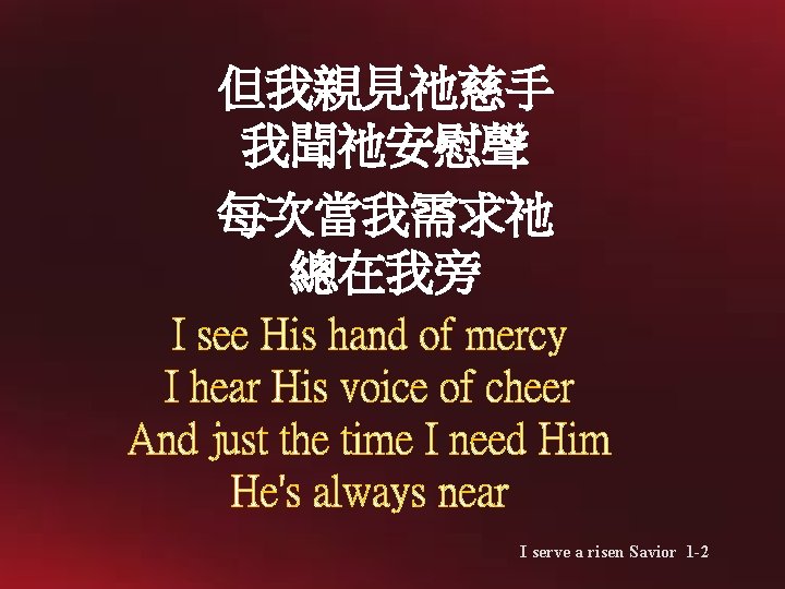 但我親見祂慈手 我聞祂安慰聲 每次當我需求祂 總在我旁 I see His hand of mercy I hear His voice