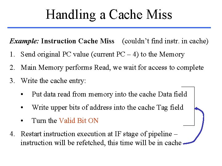 Handling a Cache Miss Example: Instruction Cache Miss (couldn’t find instr. in cache) 1.