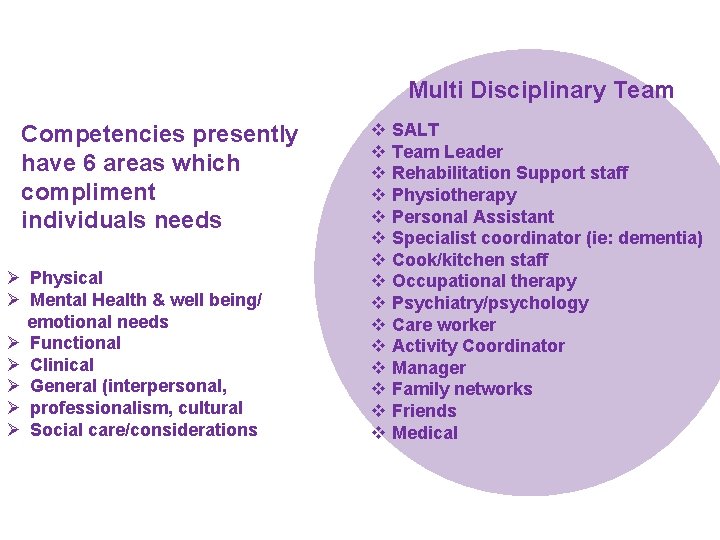Multi Disciplinary Team Competencies presently have 6 areas which compliment individuals needs Ø Physical Multi Disciplinary Team Competencies presently have 6 areas which compliment individuals needs Ø Physical