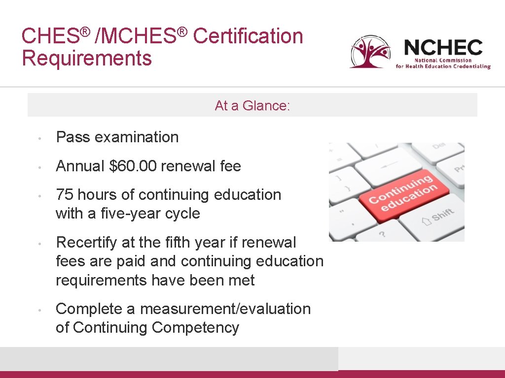® ® CHES /MCHES Requirements Certification At a Glance: • Pass examination • Annual