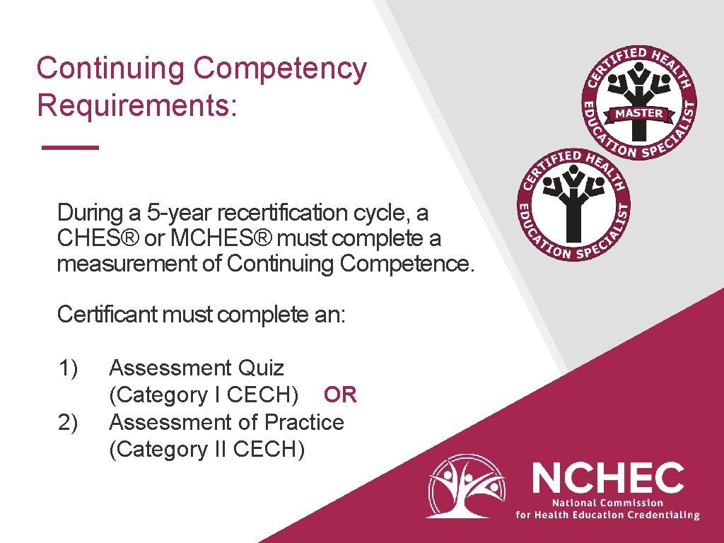 Continuing Competency Requirements: During a 5 -year recertification cycle, a CHES® or MCHES® must
