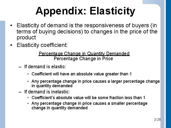 Appendix: Elasticity • Elasticity of demand is the responsiveness of buyers (in terms of