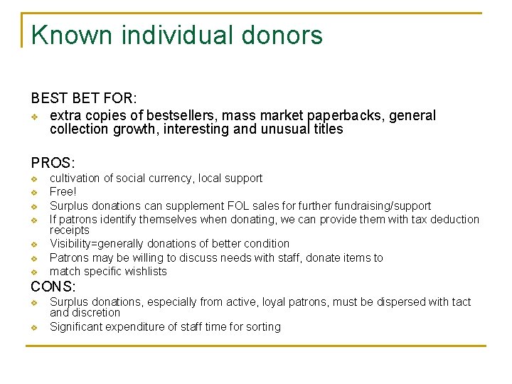 Known individual donors BEST BET FOR: v extra copies of bestsellers, mass market paperbacks,