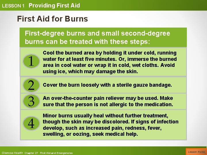 LESSON 1 Providing First Aid for Burns First-degree burns and small second-degree burns can