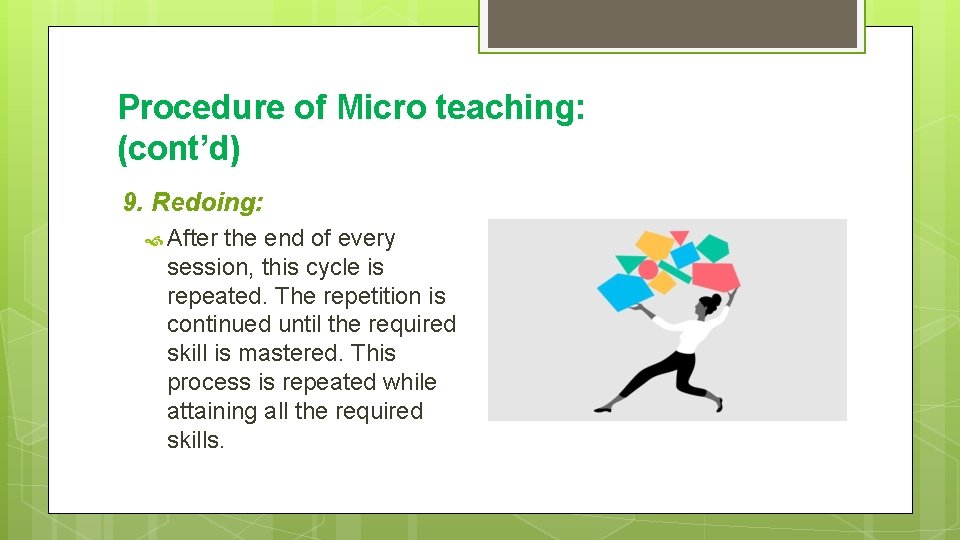 Procedure of Micro teaching: (cont’d) 9. Redoing: After the end of every session, this