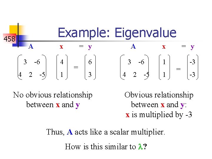 458 Example: Eigenvalue A x = y 3 -6 4 2 -5 1 3