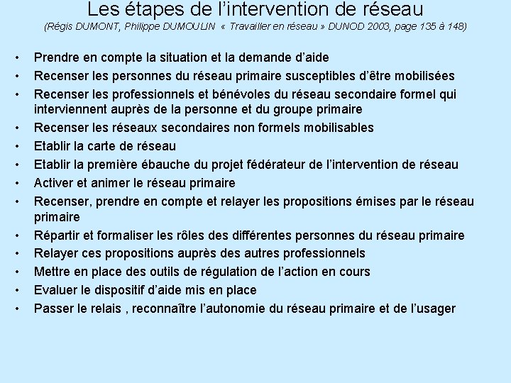 Les étapes de l’intervention de réseau (Régis DUMONT, Philippe DUMOULIN « Travailler en réseau