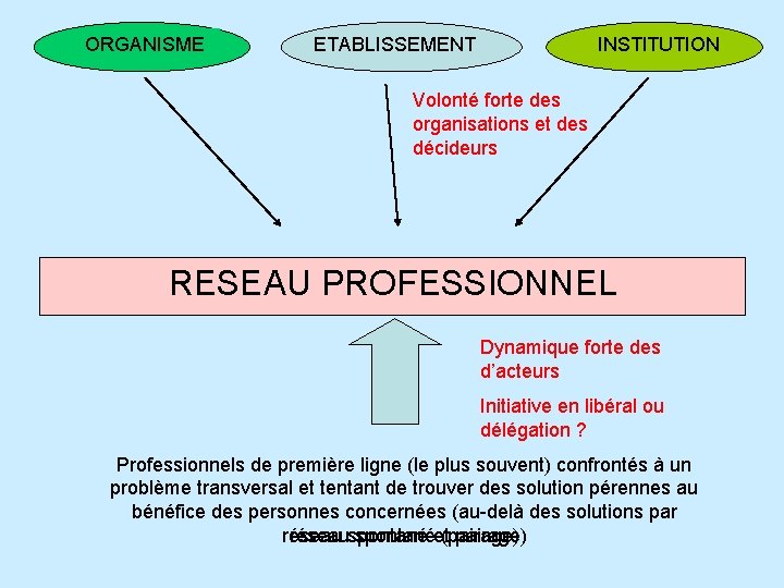 ORGANISME ETABLISSEMENT INSTITUTION Volonté forte des organisations et des décideurs RESEAU PROFESSIONNEL Dynamique forte