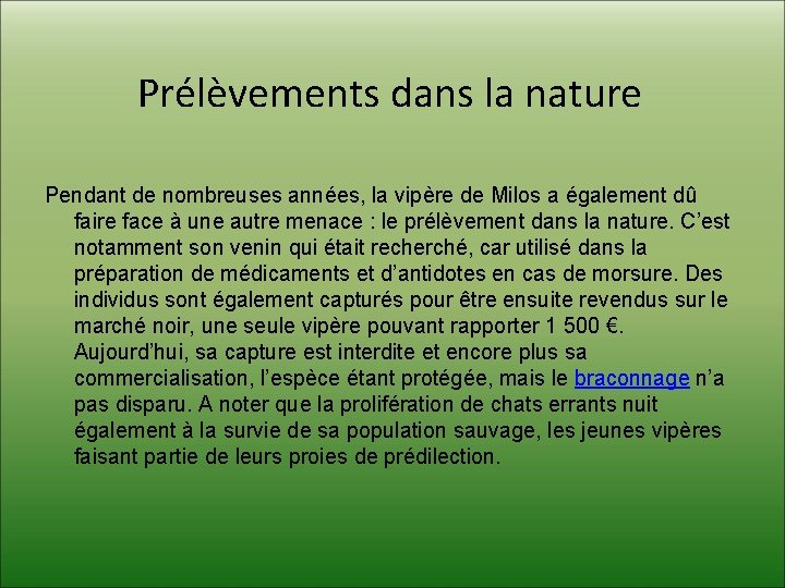 Prélèvements dans la nature Pendant de nombreuses années, la vipère de Milos a également