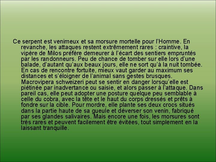 Ce serpent est venimeux et sa morsure mortelle pour l’Homme. En revanche, les attaques