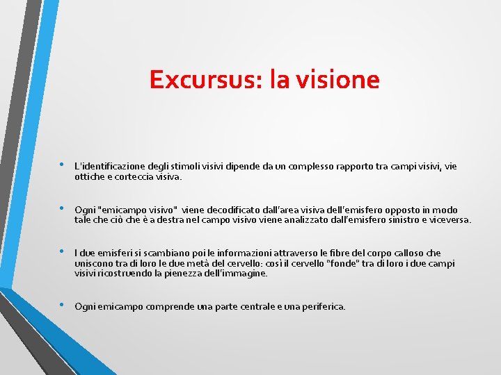 Excursus: la visione • L'identificazione degli stimoli visivi dipende da un complesso rapporto tra