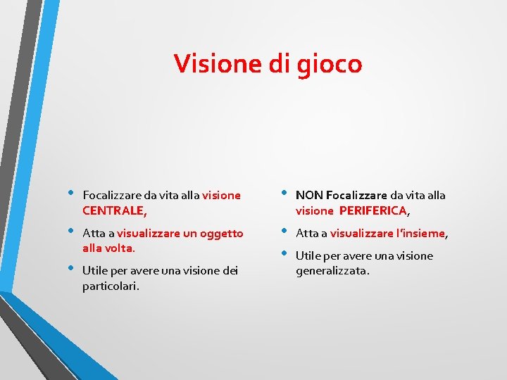 Visione di gioco • Focalizzare da vita alla visione CENTRALE, • NON Focalizzare da