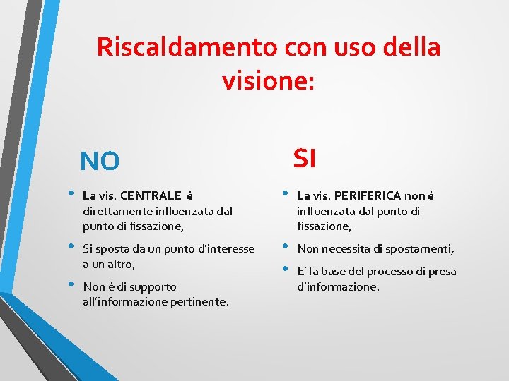 Riscaldamento con uso della visione: SI NO • La vis. CENTRALE è direttamente influenzata