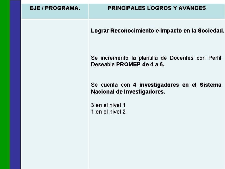 EJE / PROGRAMA. PRINCIPALES LOGROS Y AVANCES Lograr Reconocimiento e Impacto en la Sociedad.