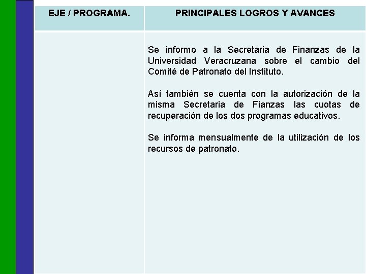 EJE / PROGRAMA. PRINCIPALES LOGROS Y AVANCES Se informo a la Secretaria de Finanzas