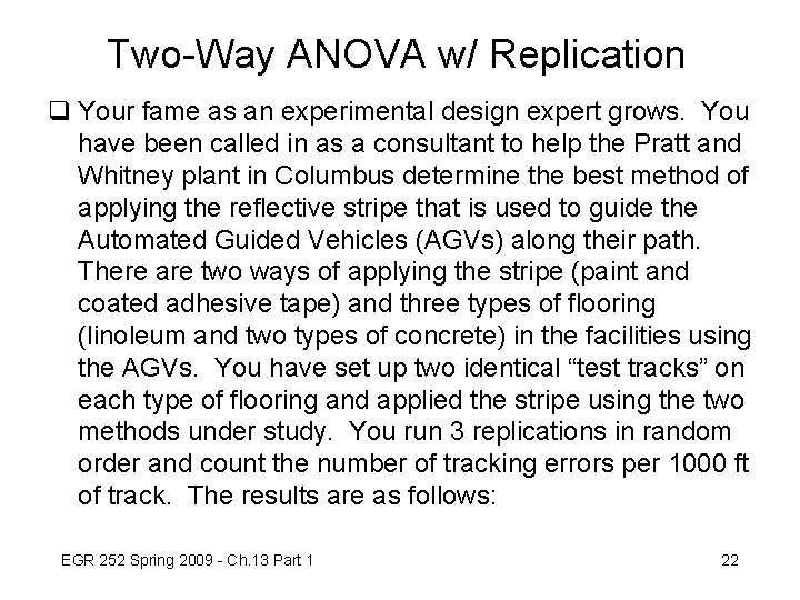 Two-Way ANOVA w/ Replication q Your fame as an experimental design expert grows. You