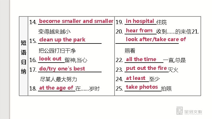 14. become smaller and smaller 19. in hospital 住院 变得越来越小 clean up the park