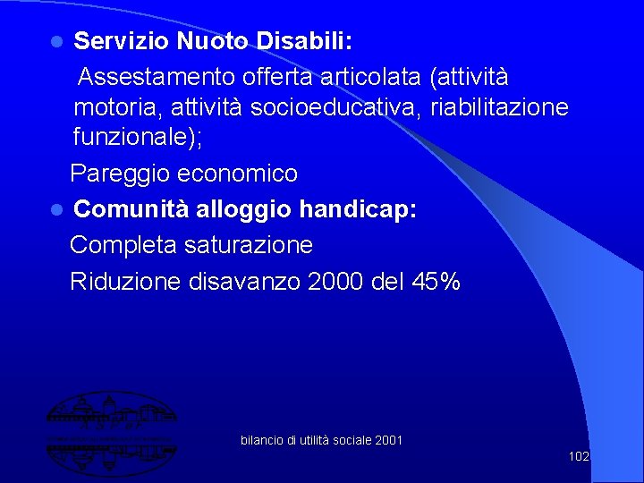 Servizio Nuoto Disabili: Assestamento offerta articolata (attività motoria, attività socioeducativa, riabilitazione funzionale); Pareggio economico