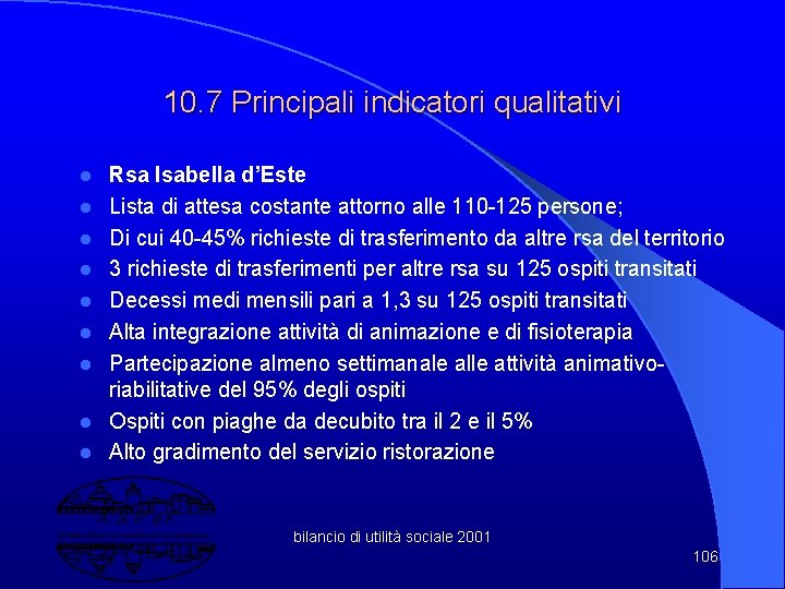 10. 7 Principali indicatori qualitativi l l l l l Rsa Isabella d’Este Lista