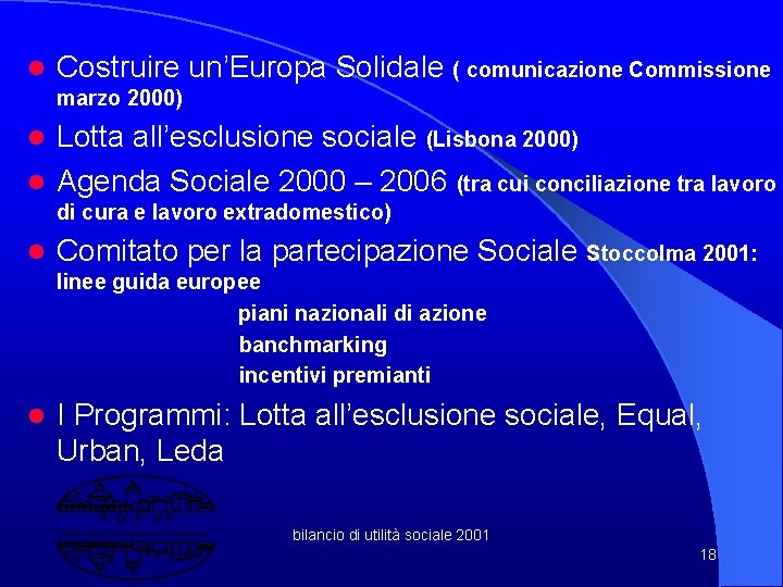 l Costruire un’Europa Solidale ( comunicazione Commissione marzo 2000) Lotta all’esclusione sociale (Lisbona 2000)