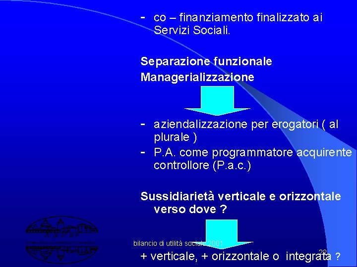 - co – finanziamento finalizzato ai Servizi Sociali. Separazione funzionale Managerializzazione - aziendalizzazione per