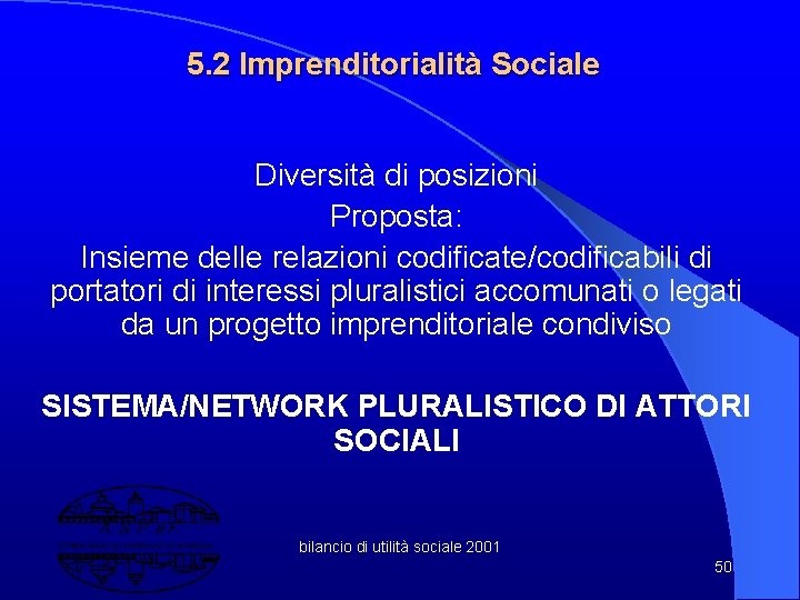 5. 2 Imprenditorialità Sociale Diversità di posizioni Proposta: Insieme delle relazioni codificate/codificabili di portatori