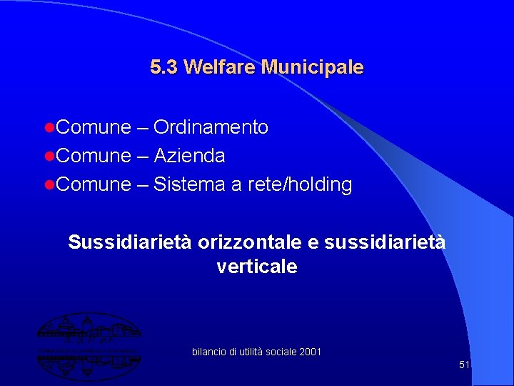 5. 3 Welfare Municipale l. Comune – Ordinamento l. Comune – Azienda l. Comune