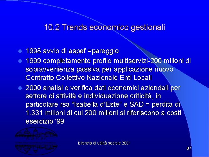 10. 2 Trends economico gestionali 1998 avvio di aspef =pareggio l 1999 completamento profilo