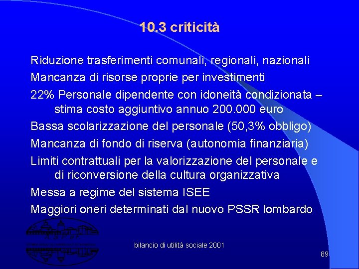 10. 3 criticità Riduzione trasferimenti comunali, regionali, nazionali Mancanza di risorse proprie per investimenti