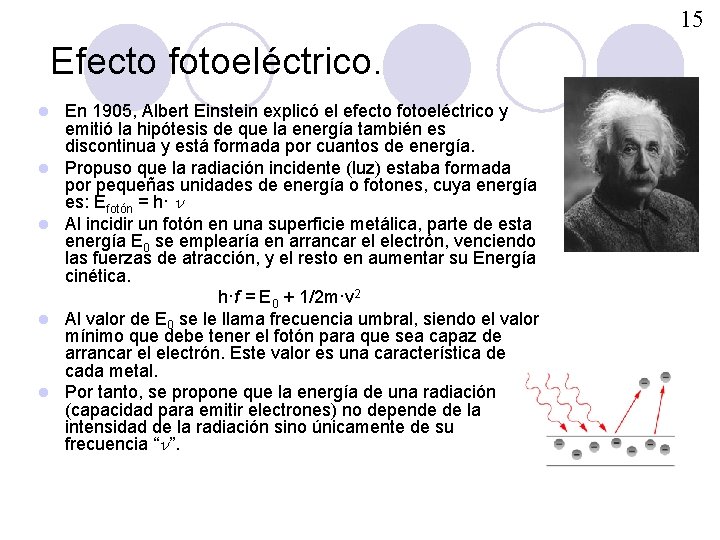 15 Efecto fotoeléctrico. l l l En 1905, Albert Einstein explicó el efecto fotoeléctrico