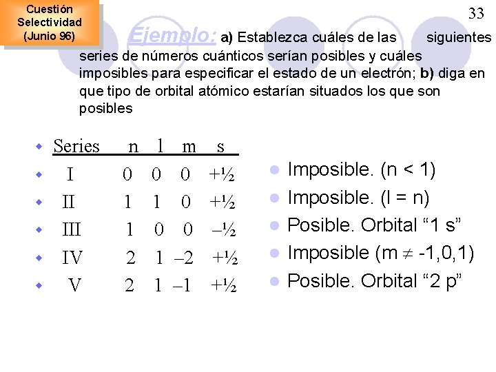 Cuestión Selectividad (Junio 96) 33 Ejemplo: a) Establezca cuáles de las siguientes series de