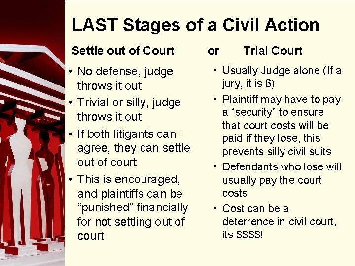 LAST Stages of a Civil Action Settle out of Court • No defense, judge