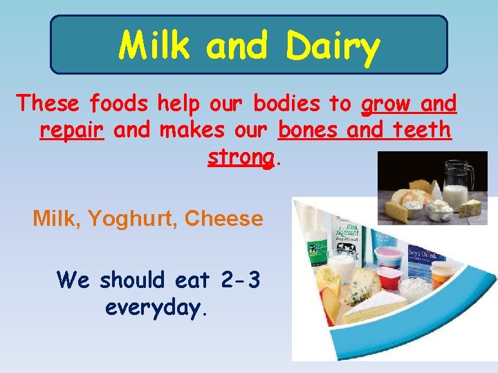 Milk and Dairy These foods help our bodies to grow and repair and makes