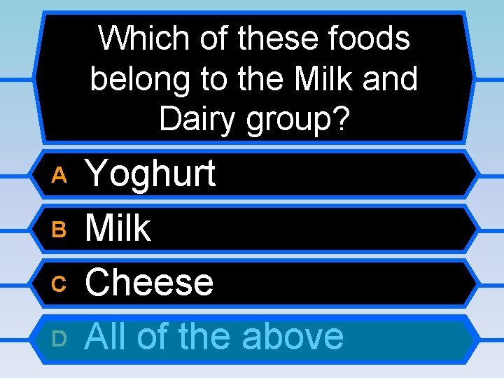 Which of these foods belong to the Milk and Dairy group? A B C