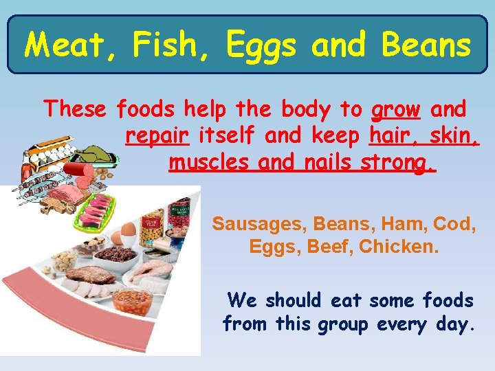 Meat, Fish, Eggs and Beans Meat, These foods help the body to grow and